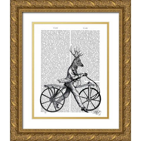 Dandy Deer on Vintage Bicycle Gold Ornate Wood Framed Art Print with Double Matting by Fab Funky