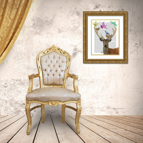 Deer and Birds Nests Pastel Shades Gold Ornate Wood Framed Art Print with Double Matting by Fab Funky