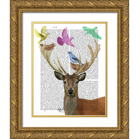 Deer and Birds Nests Pastel Shades Gold Ornate Wood Framed Art Print with Double Matting by Fab Funky