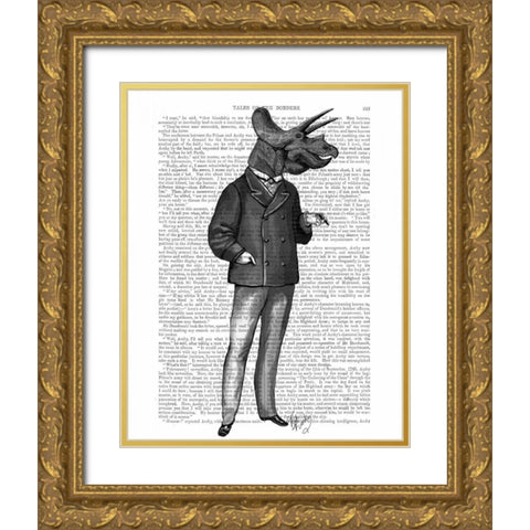 Triceratops Man 1 Dinosaur Gold Ornate Wood Framed Art Print with Double Matting by Fab Funky
