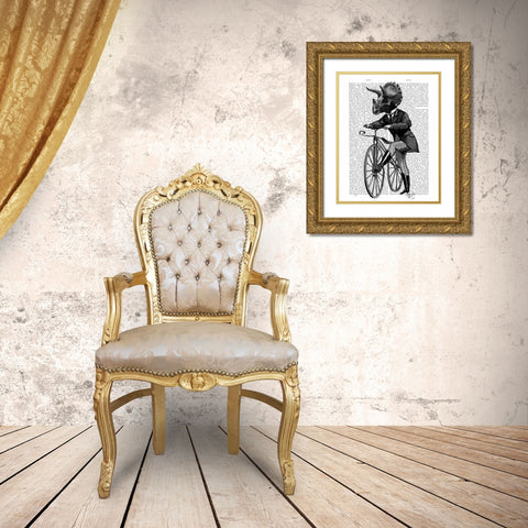Triceratops Man on Bike Dinosaur Gold Ornate Wood Framed Art Print with Double Matting by Fab Funky