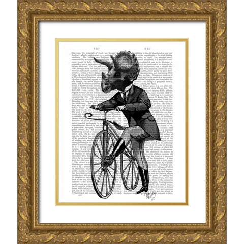 Triceratops Man on Bike Dinosaur Gold Ornate Wood Framed Art Print with Double Matting by Fab Funky