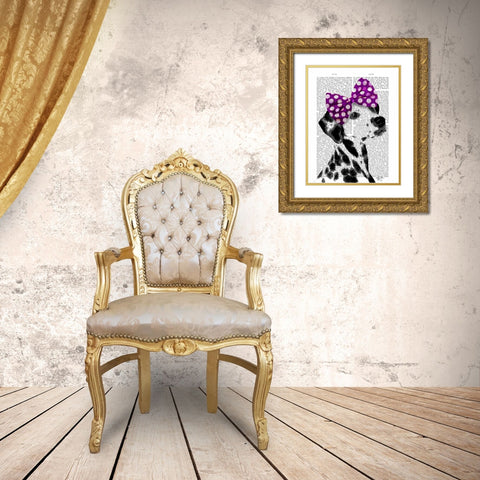 Dalmatian with Purple Bow on Head Gold Ornate Wood Framed Art Print with Double Matting by Fab Funky