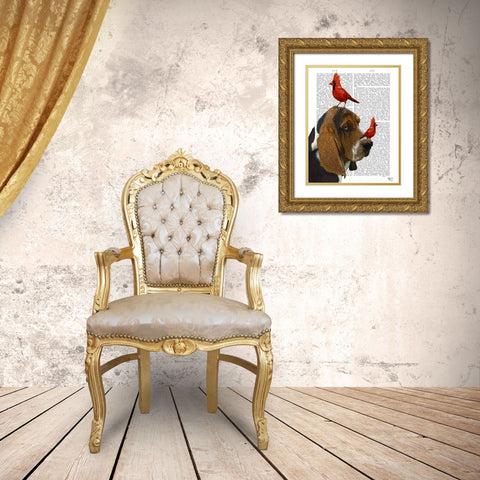 Basset Hound and Birds Gold Ornate Wood Framed Art Print with Double Matting by Fab Funky
