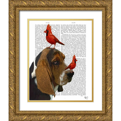 Basset Hound and Birds Gold Ornate Wood Framed Art Print with Double Matting by Fab Funky