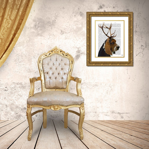 Basset Hound and Antlers Gold Ornate Wood Framed Art Print with Double Matting by Fab Funky