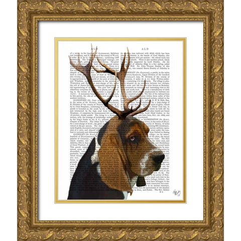 Basset Hound and Antlers Gold Ornate Wood Framed Art Print with Double Matting by Fab Funky