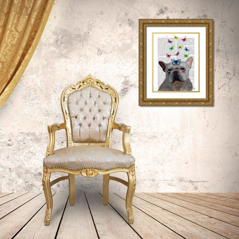 White French Bulldog and Butterflies Gold Ornate Wood Framed Art Print with Double Matting by Fab Funky