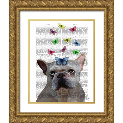 White French Bulldog and Butterflies Gold Ornate Wood Framed Art Print with Double Matting by Fab Funky