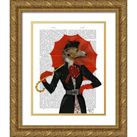 Elegant Greyhound and Red Umbrella Gold Ornate Wood Framed Art Print with Double Matting by Fab Funky