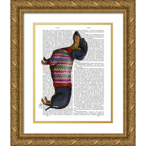 Dachshund With Woolly Sweater Gold Ornate Wood Framed Art Print with Double Matting by Fab Funky