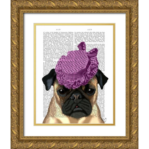 Pug with Vintage Purple Hat Gold Ornate Wood Framed Art Print with Double Matting by Fab Funky