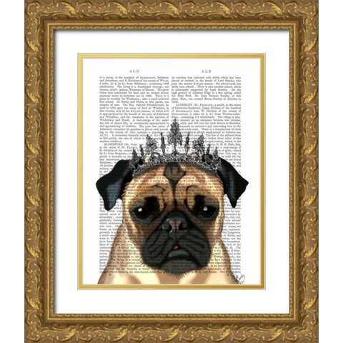 Pug With Tiara Gold Ornate Wood Framed Art Print with Double Matting by Fab Funky