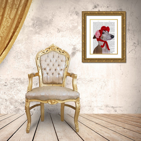Greyhound with Red Woolly Hat Gold Ornate Wood Framed Art Print with Double Matting by Fab Funky
