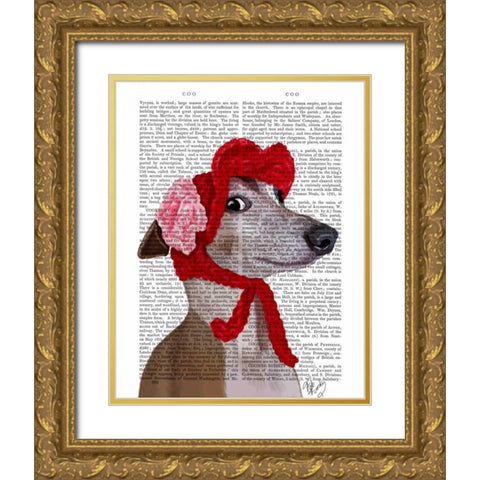 Greyhound with Red Woolly Hat Gold Ornate Wood Framed Art Print with Double Matting by Fab Funky