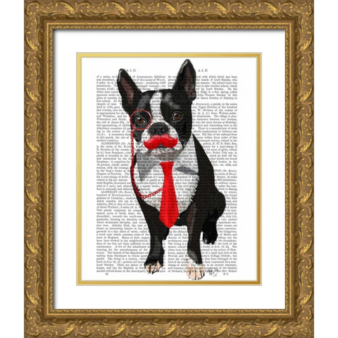 Boston Terrier With Red Tie and Moustache Gold Ornate Wood Framed Art Print with Double Matting by Fab Funky