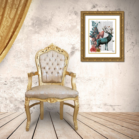 Turquoise Deer in Mushroom Forest Gold Ornate Wood Framed Art Print with Double Matting by Fab Funky