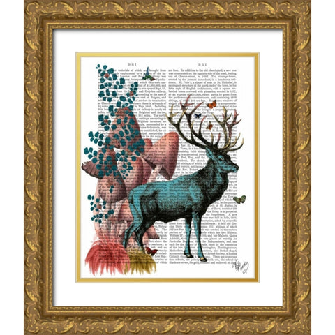 Turquoise Deer in Mushroom Forest Gold Ornate Wood Framed Art Print with Double Matting by Fab Funky