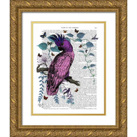 Pink Parrot Gold Ornate Wood Framed Art Print with Double Matting by Fab Funky