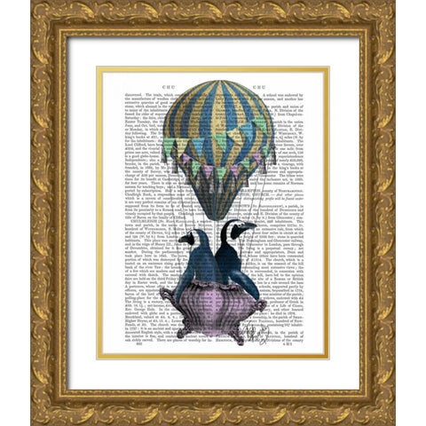 Flying Penguins Gold Ornate Wood Framed Art Print with Double Matting by Fab Funky