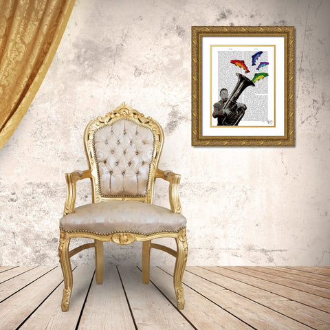 Tuba And Fish Gold Ornate Wood Framed Art Print with Double Matting by Fab Funky