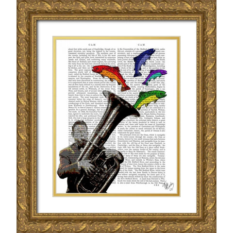 Tuba And Fish Gold Ornate Wood Framed Art Print with Double Matting by Fab Funky