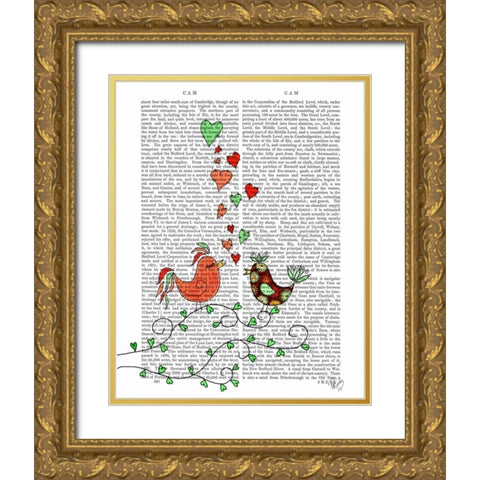 Love Birds Illustration Gold Ornate Wood Framed Art Print with Double Matting by Fab Funky