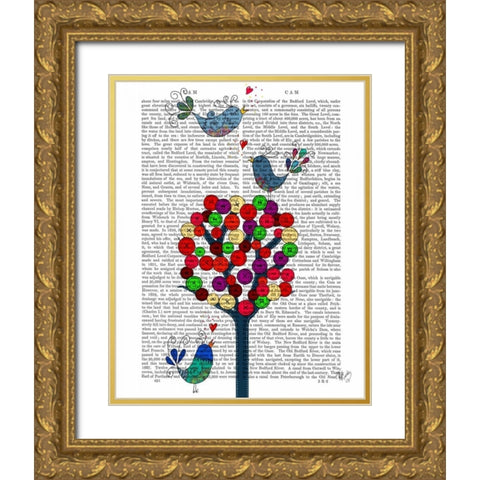 Button Tree and Birds Blue Gold Ornate Wood Framed Art Print with Double Matting by Fab Funky