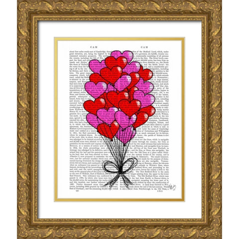 Valentine Heart Balloon Illustration Gold Ornate Wood Framed Art Print with Double Matting by Fab Funky