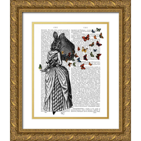 Rabbit and Butterfly Parasol Gold Ornate Wood Framed Art Print with Double Matting by Fab Funky