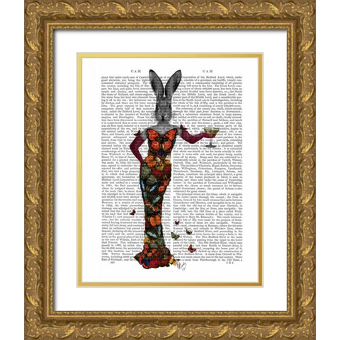 Rabbit Butterfly Dress Gold Ornate Wood Framed Art Print with Double Matting by Fab Funky