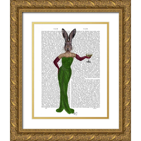 Rabbit Green Dress Gold Ornate Wood Framed Art Print with Double Matting by Fab Funky