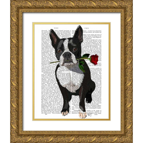 Boston Terrier with Rose in Mouth Gold Ornate Wood Framed Art Print with Double Matting by Fab Funky