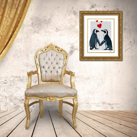 Penguins With Love Hearts Gold Ornate Wood Framed Art Print with Double Matting by Fab Funky