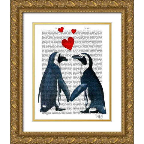 Penguins With Love Hearts Gold Ornate Wood Framed Art Print with Double Matting by Fab Funky