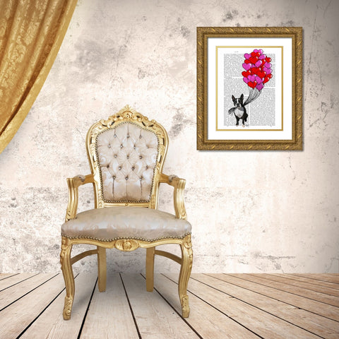 Boston Terrier And Balloons Gold Ornate Wood Framed Art Print with Double Matting by Fab Funky