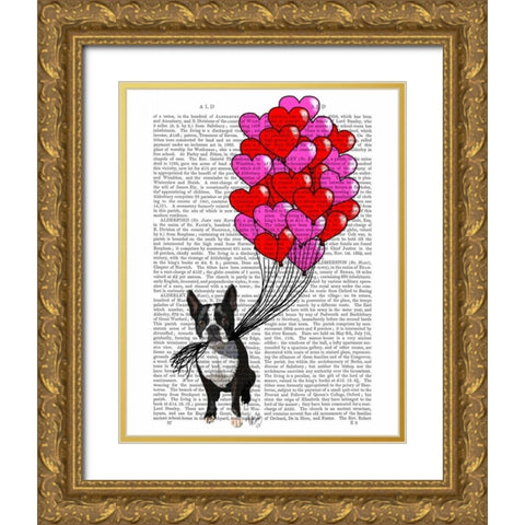 Boston Terrier And Balloons Gold Ornate Wood Framed Art Print with Double Matting by Fab Funky