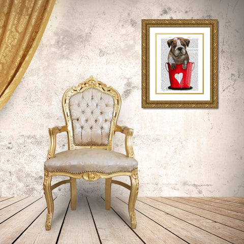 Bulldog Bucket Of Love Red Gold Ornate Wood Framed Art Print with Double Matting by Fab Funky