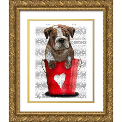 Bulldog Bucket Of Love Red Gold Ornate Wood Framed Art Print with Double Matting by Fab Funky