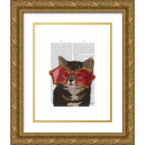 Kitten in Star Sunglasses Gold Ornate Wood Framed Art Print with Double Matting by Fab Funky