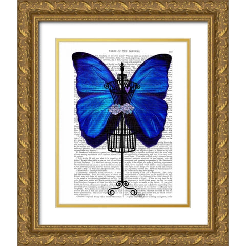 Mannequin Blue Butterfly Gold Ornate Wood Framed Art Print with Double Matting by Fab Funky