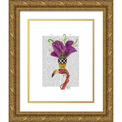 Mardi Gras Flamingo Portrait Gold Ornate Wood Framed Art Print with Double Matting by Fab Funky