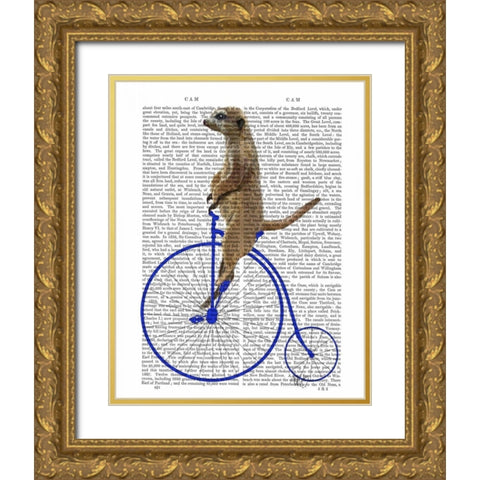 Meerkat On Blue Penny Farthing Gold Ornate Wood Framed Art Print with Double Matting by Fab Funky