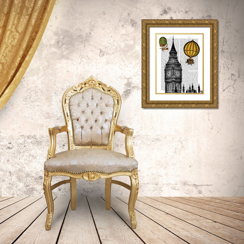 Big Ben and Vintage Hot Air Balloons Gold Ornate Wood Framed Art Print with Double Matting by Fab Funky