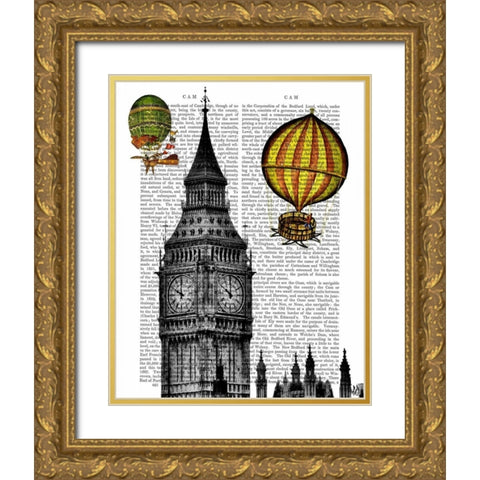 Big Ben and Vintage Hot Air Balloons Gold Ornate Wood Framed Art Print with Double Matting by Fab Funky