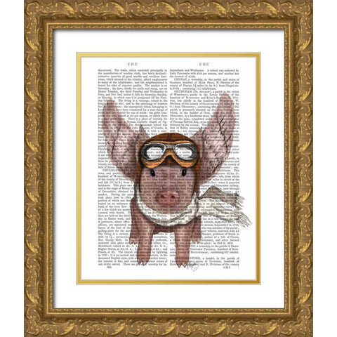 Aviator Piggy Gold Ornate Wood Framed Art Print with Double Matting by Fab Funky