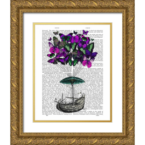 Butterfly Airship 2 Purple and Green Gold Ornate Wood Framed Art Print with Double Matting by Fab Funky