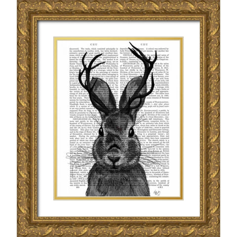 Jackalope with Grey Antlers Gold Ornate Wood Framed Art Print with Double Matting by Fab Funky