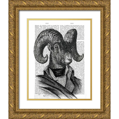 Mountain Goat Portrait Gold Ornate Wood Framed Art Print with Double Matting by Fab Funky