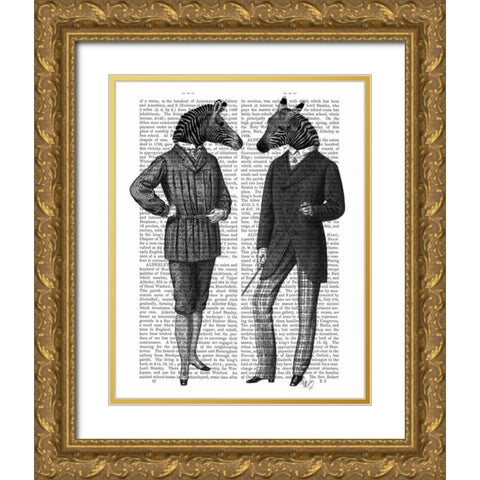 Two Zebra Gentlemen Gold Ornate Wood Framed Art Print with Double Matting by Fab Funky